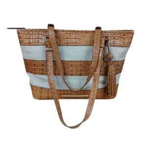 Brahmin Leather Trim Brown and Cream Shoulder Bag With Tassel